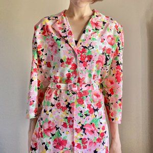 Bright Vintage Floral Print Belted Dress